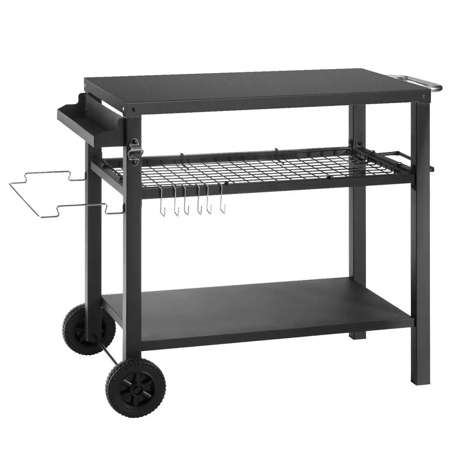 

Многофункциональная передвижная тележка-стол для обеденной зоны с тремя полками, подставка для гриля и печи для пиццы на открытом воздухе с тремя крючками, кухонная тележка-остров