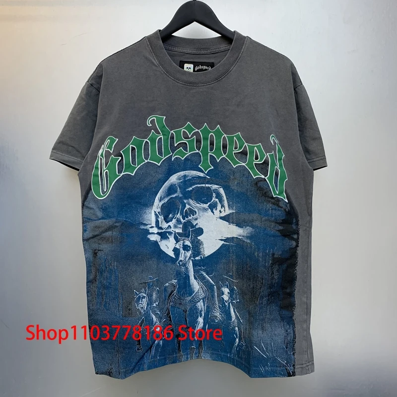 Godspeed Short Sleeve T-shirt High Street Fashion Hip Hop Skull Knight Print Round Neck Casual Tops Grey Tee Shirts Unisex