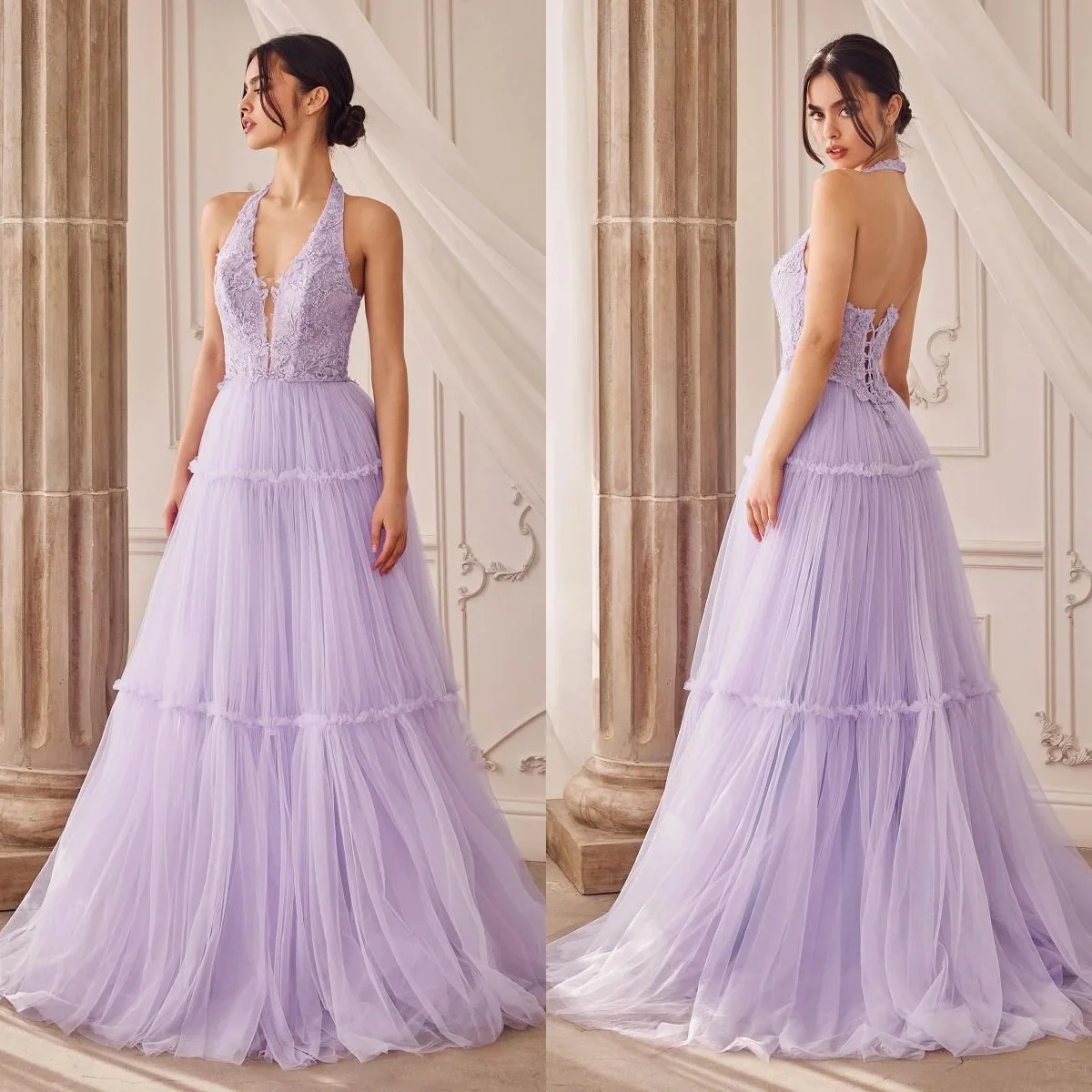 Vestidos de Noche de línea A sin mangas con cuello Halter, vestido de graduación, apliques de encaje, vestido largo Formal de fiesta, túnicas sin espalda, púrpura