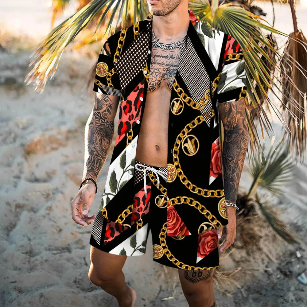 Luxus Leoparden muster Set Herren 2 Stück Shirt Shorts 3D-Druck lose Freizeit Kurzarm Strand hemd Urlaub Mode zweiteilig Set