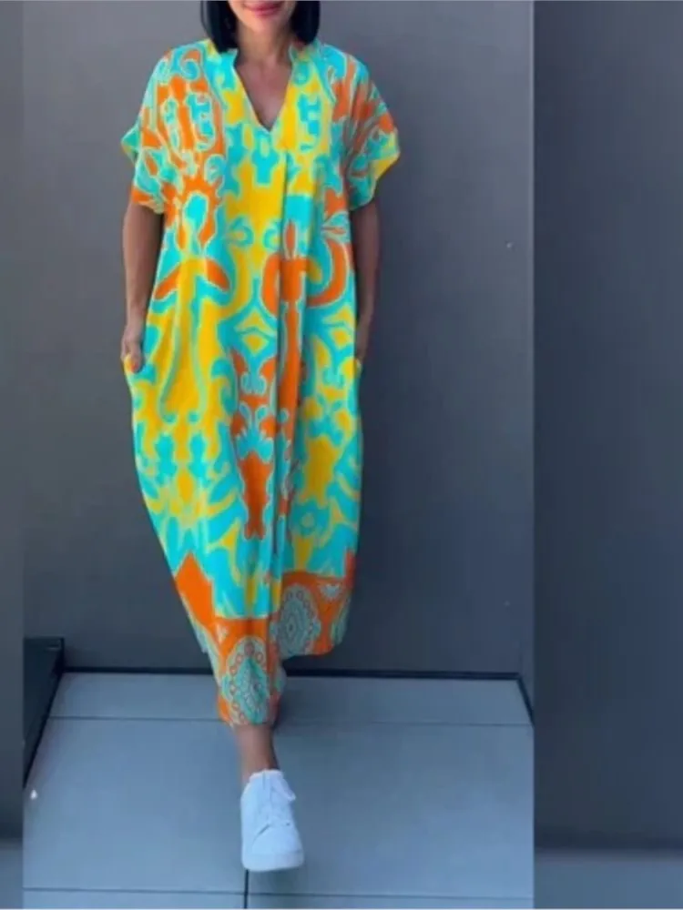 Women's Short-sleeve New V-neck Print Casual Dress Summer Fashion Elegant Office Party Holiday Women Clothes Dresses Robe Femme