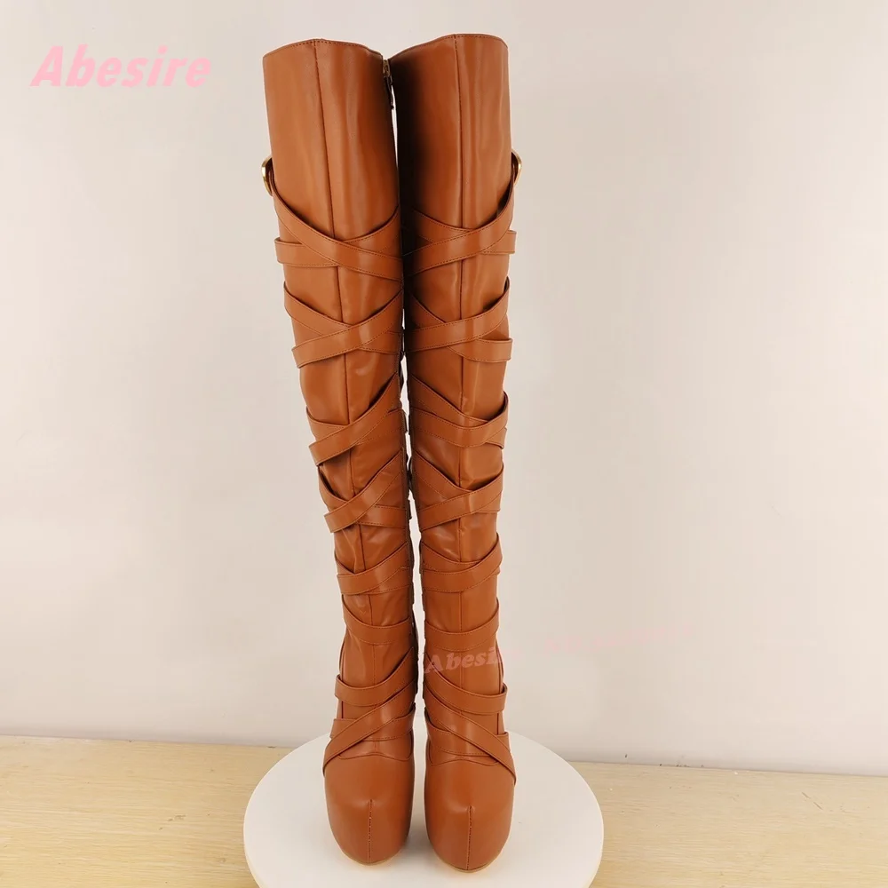 

Brown Platform Strappy Boots Round Toe Stiletto Heels Buckled Over The Knee Boots for Women Side Zipper Winter Shoes 2025 New