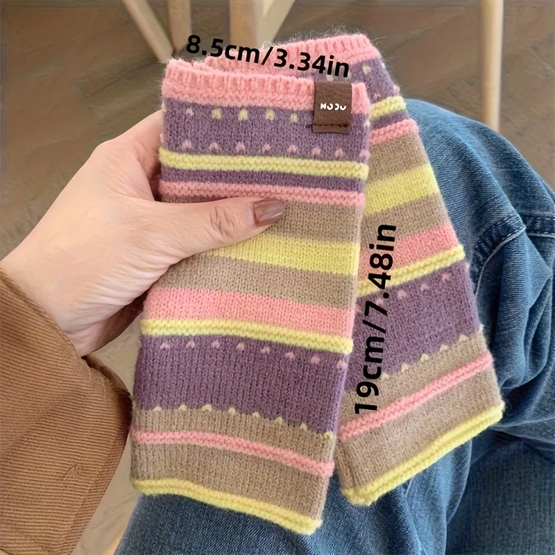 1 pair of women's novelty half-finger gloves - colorful striped design, elastic and warm winter mittens, suitable for outdoor activities, with visible fingers, stylish cold-weather accessory, soft texture, trendy accessory