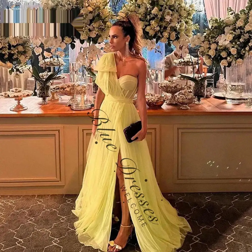 

customized Yellow One-Shoulder Prom Dress Sweetheart Long Pleat Boned Evening Dress High Split Elegant Formal Party Gown