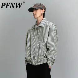 PFNW American Stripe Lapel Zipper Design Shirt Men's Vintage New Long Sleeve Clothing Trendy 2024 Autumn Loose Male Tops 28W4718