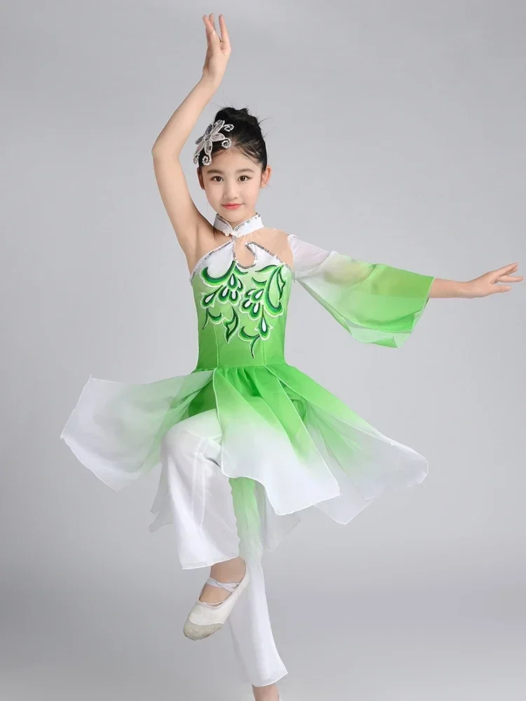 Dziewczęce stroje do tańca z wachlarzami, z jednym rękawem, w stylu chińskim Yangko, eleganckie cekinowe stroje Hanfu do tańca.