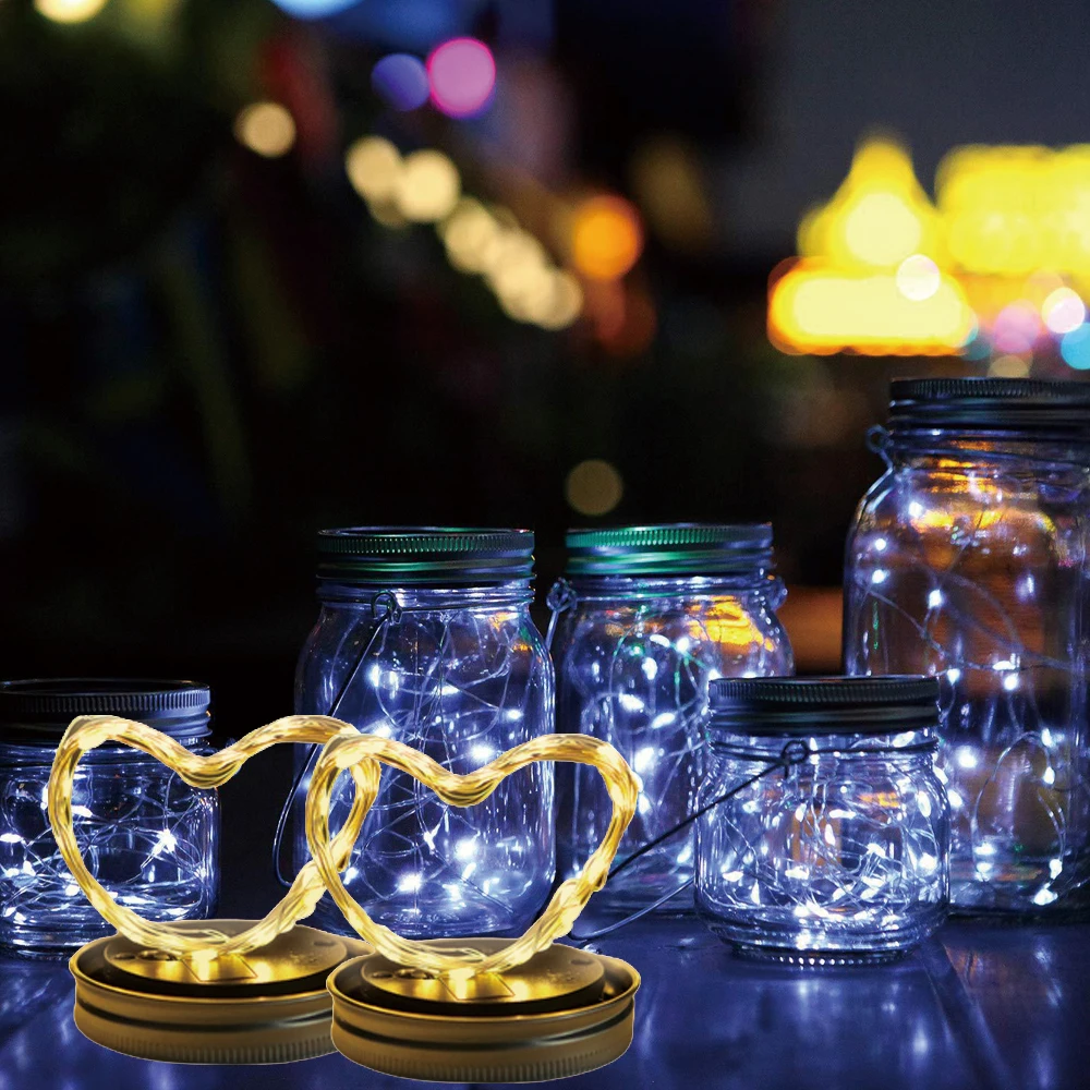 10 Stuks Zonne-Energie Mason Jar Deksel Lampjes Led Koperdraad Sprookjesslingers Voor Vakantie Feest Kerst Patio Gazon Tuin Decor