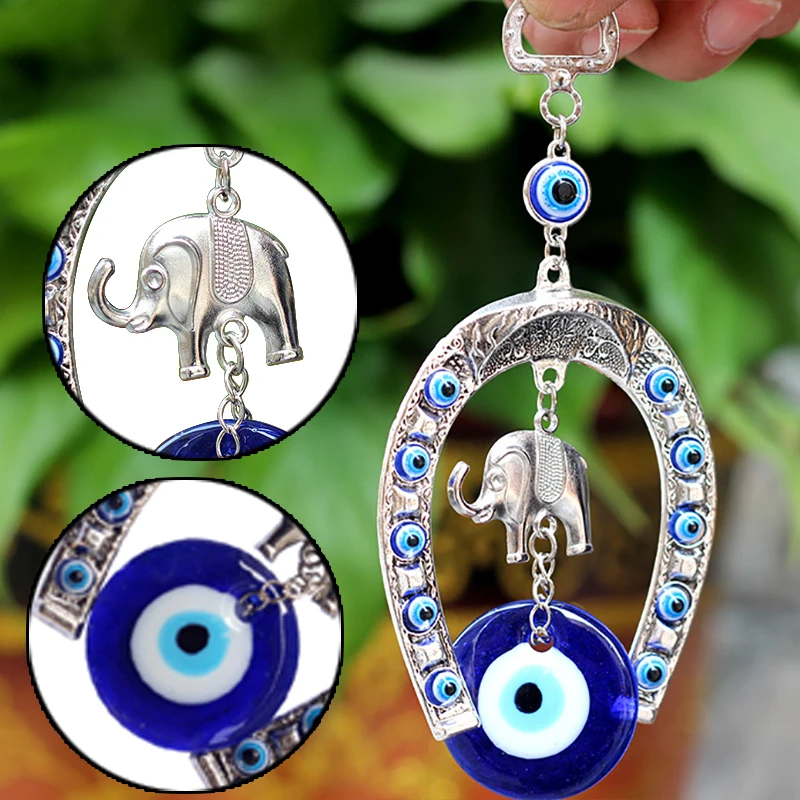 Turkish Glass Eye Amulet Horseshoe With Elephant Ribbon Ethnic Wall Hanging Lucky Pendants Wind Chimes Home Car Decoration Gift