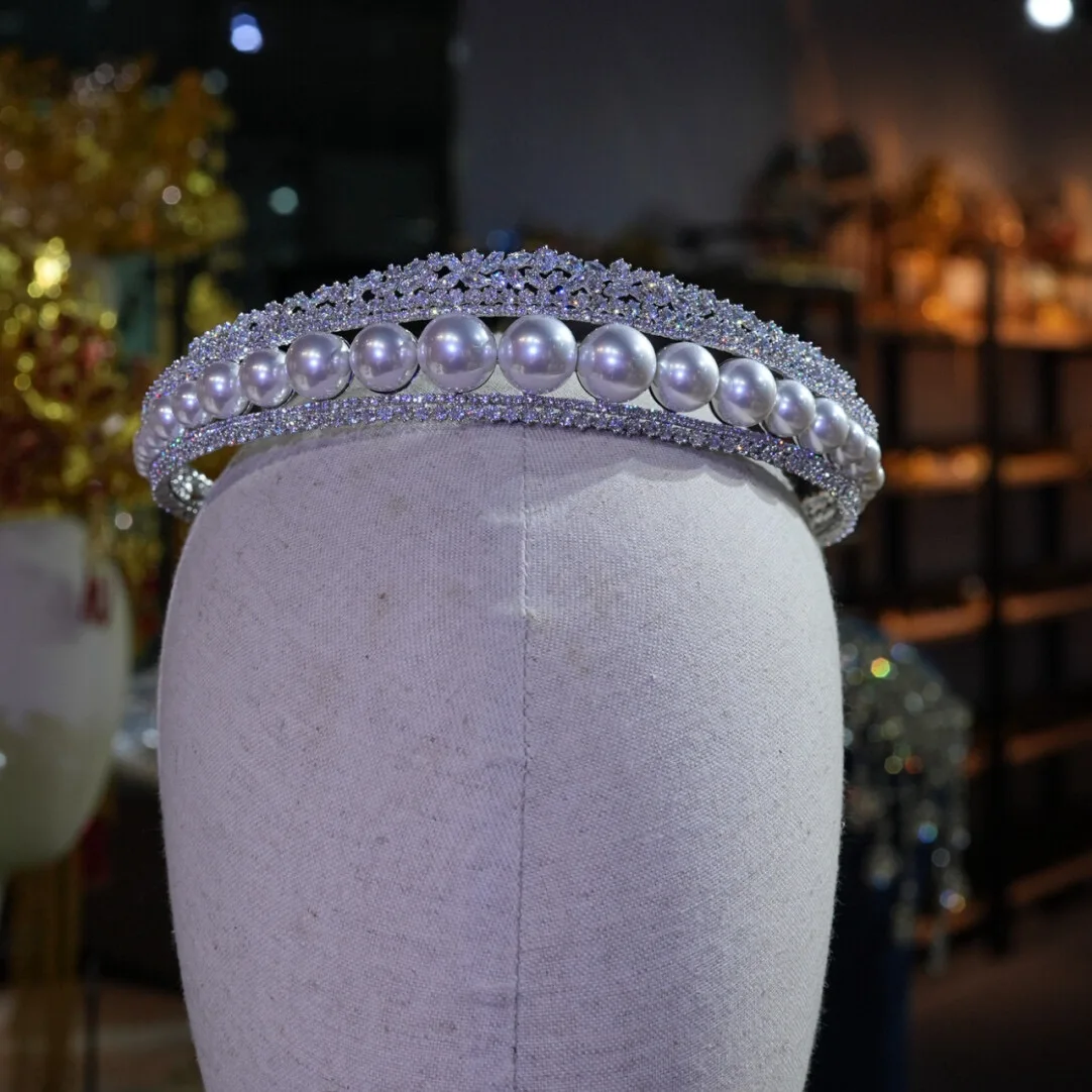 

Princess Pearls Zircon Bridal Tiara Crystal Wedding Crown Princess Bride Hair Accessory for Birthday Parties