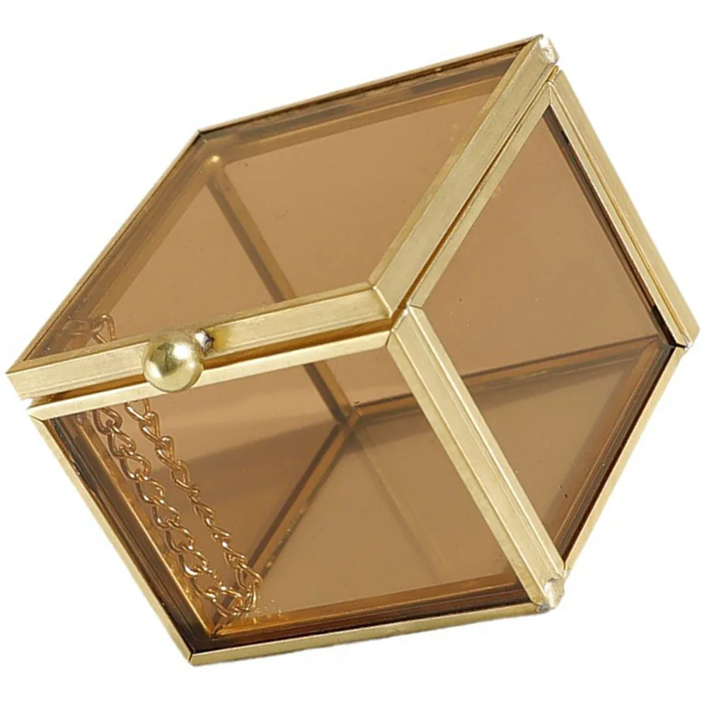 صندوق مجوهرات زجاجي مربع تصميم نحاسي عتيق للأقراط والخواتم والقلائد وتخزين منظم تذكار مكتب منزلي #6