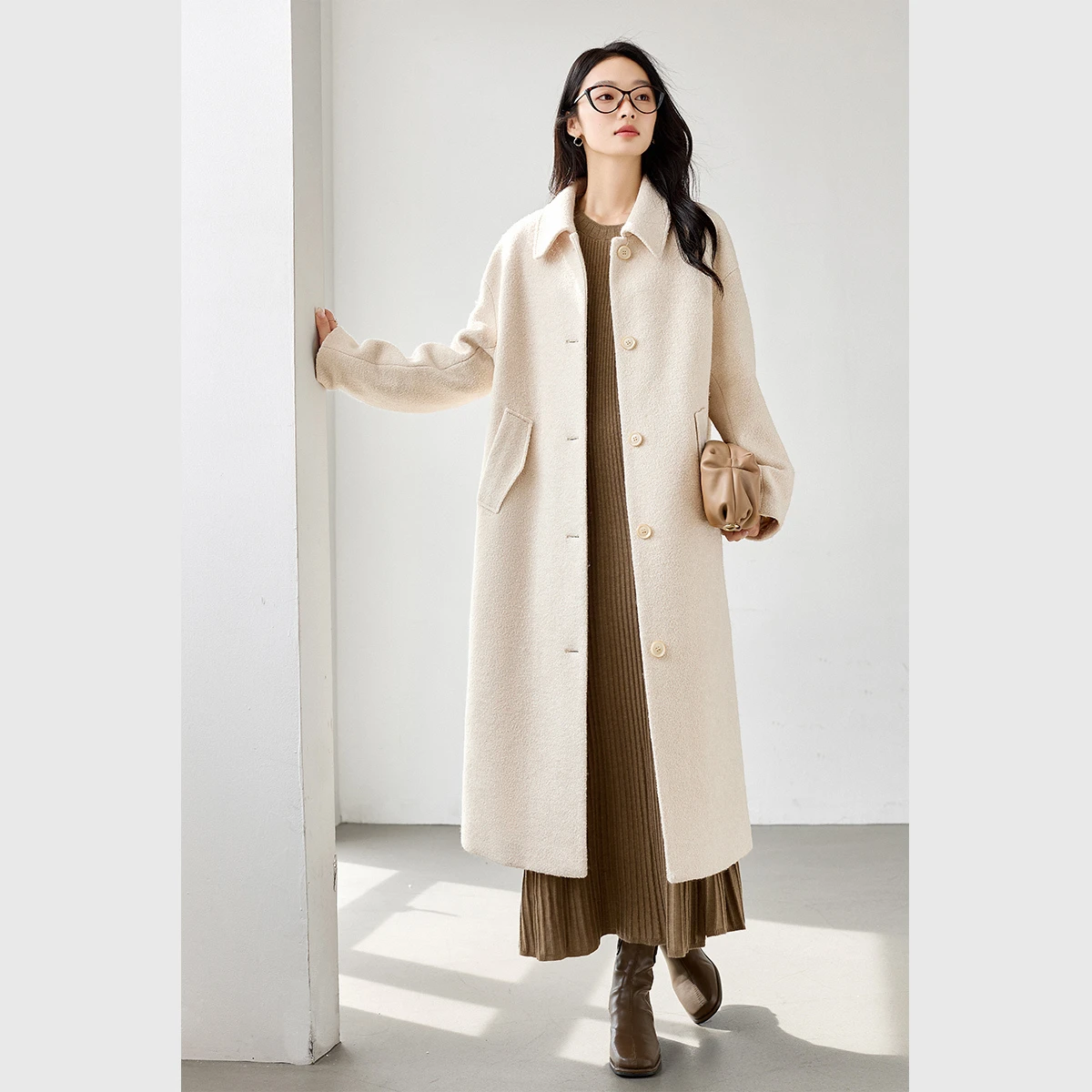 

VIMLY женское стеганое длинное шерстяное пальто, элегантное зимнее абрикосовое толстое свободное пальто 2023, женские куртки с отложным воротником M9536