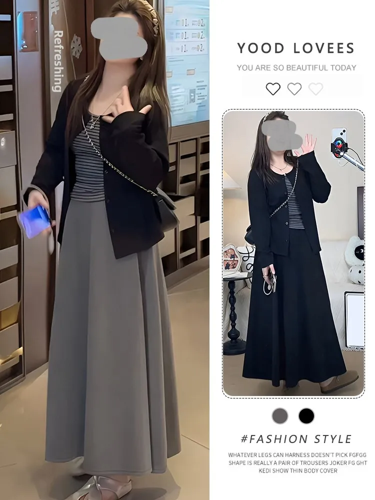 

Korean Style Striped Long Sleeve Wrap Cardigan Top Women's Spring Autumn New Slimming Skirt Set Casual Fashion Ensemble