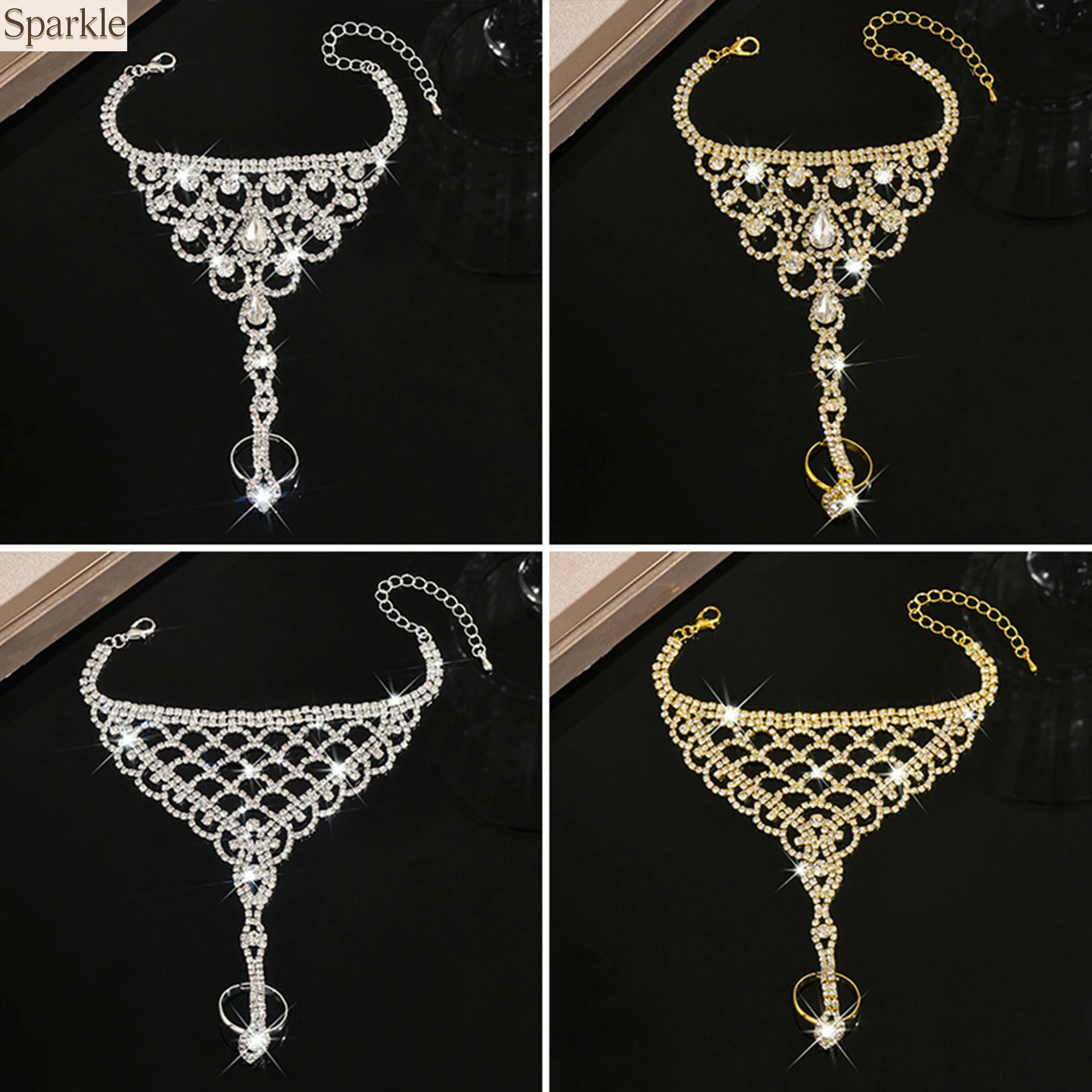 

Trendy Full Rhinestone Mesh Hand Chain Bracelet Fashion Link Ring Slave Bracelet Sparkly Back of Hand Jewelry for Women