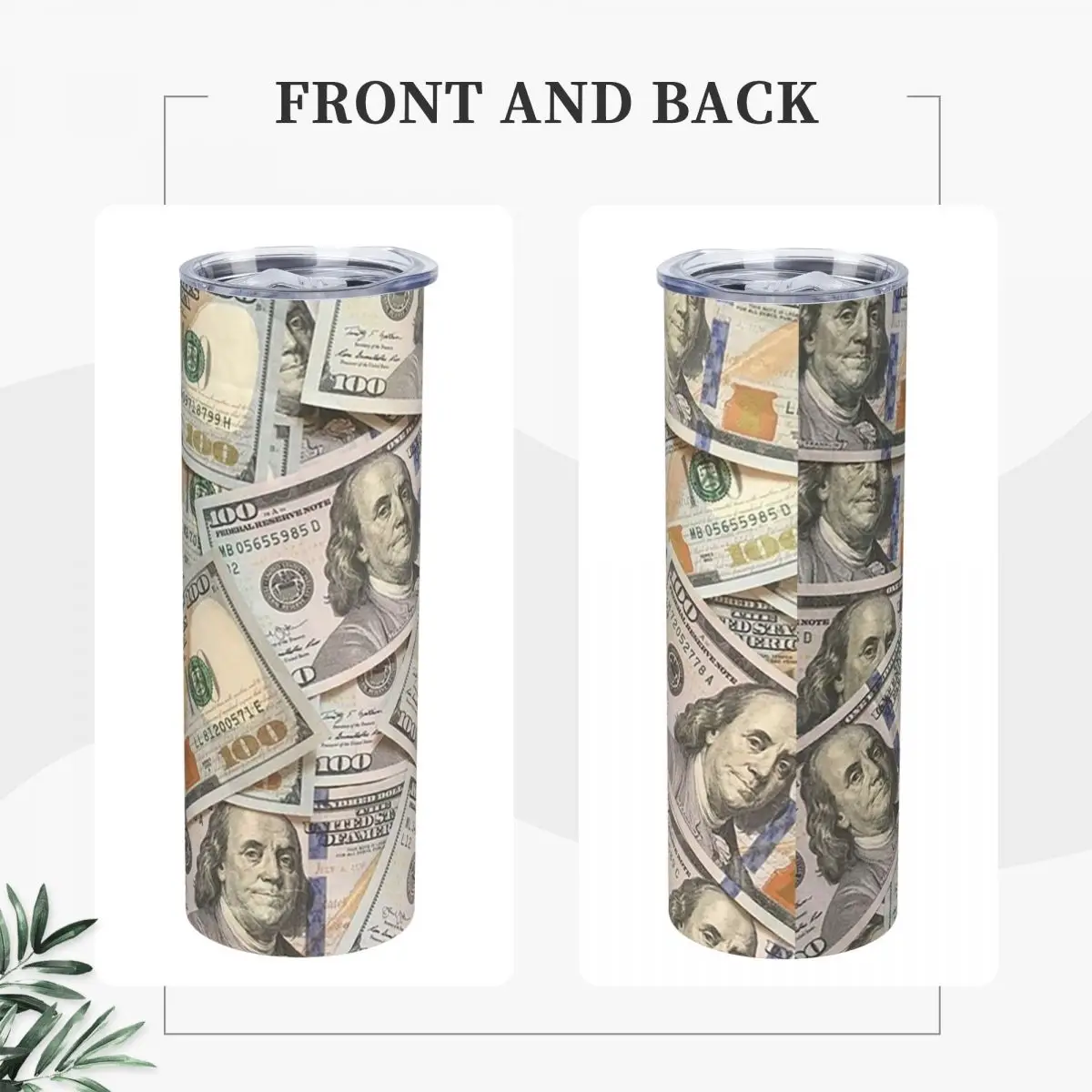 New Hundred Dollar Bills Money Attraction Stainless Steel Tumbler Vacuum Insulated Mug Thermal Cold Bottle Straw With Lid 20oz