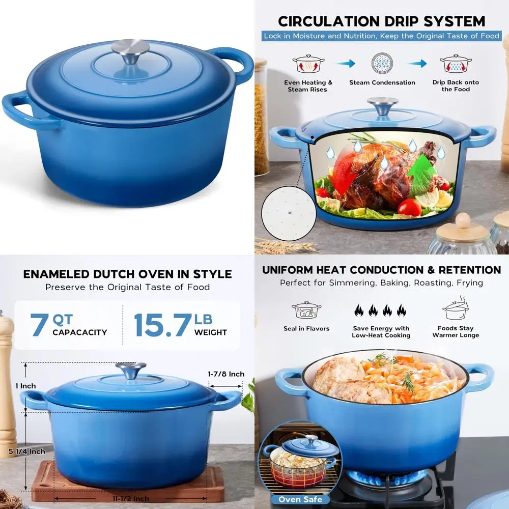 

7 Quart Round Cast Iron Dutch Oven Pot with Lid, Large Heavy Duty for Bread Baking, Perfect for Baking and Cooking Needs