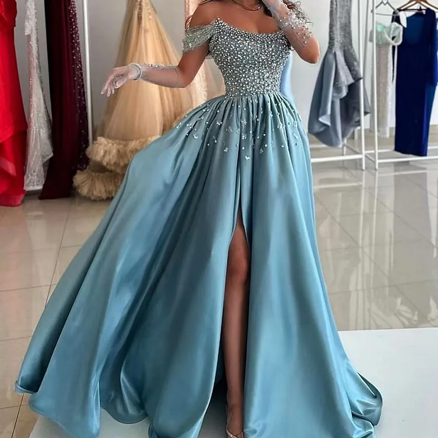 Luxury Pearls Beaded Crystals Strapless Off shoulder Satin Blue A-line Princess Evening Dress for formal Party Vestidos De Gala