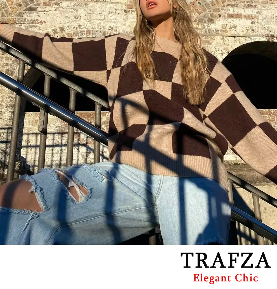 TRAFZA Vrouwen Vintage Geruite Trui O-hals Bruin Panelen Trui Nieuwe 2024 Herfst Winter Mode Casual Losse Trui