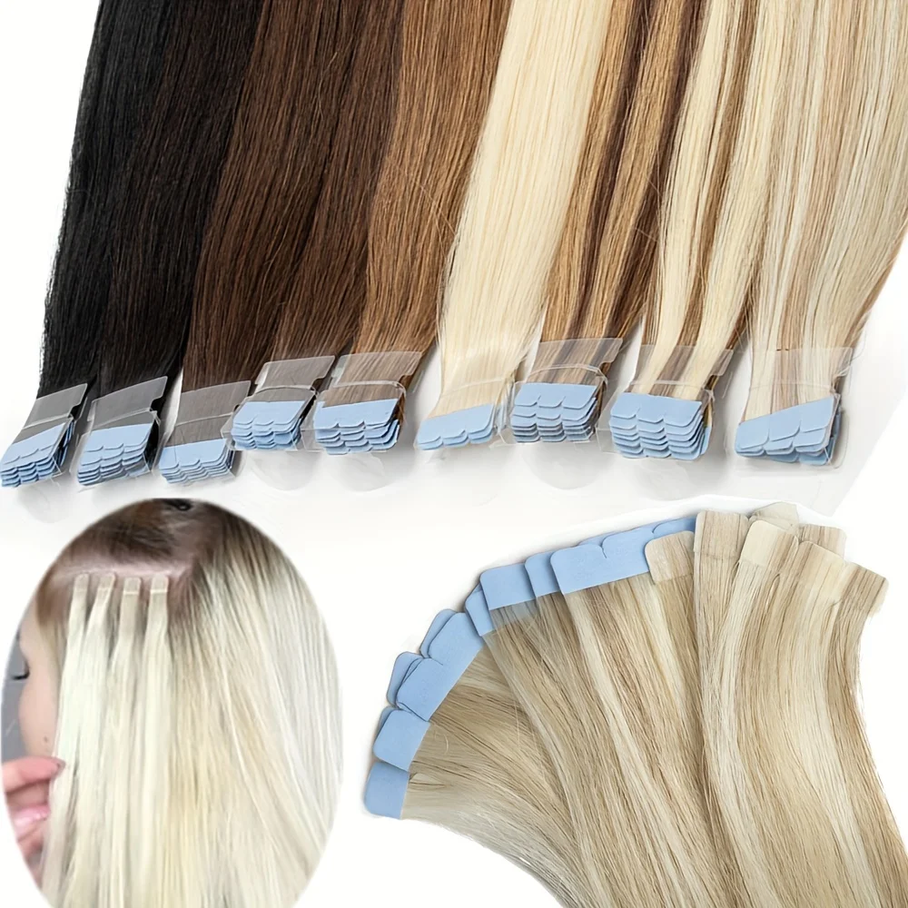 

Seamless Tape-In Hair Extensions for Women Straight Human Hair in Black Brown Blonde Highlights 12"-20" Mini Tape Hair 10pcs