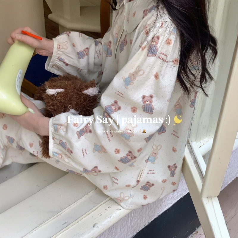 Cute Bear and Rabbit Cotton Pajamas Long Sleeve Peter Pan Collar Single-breasted Home Clothing Korean Style Loungewear