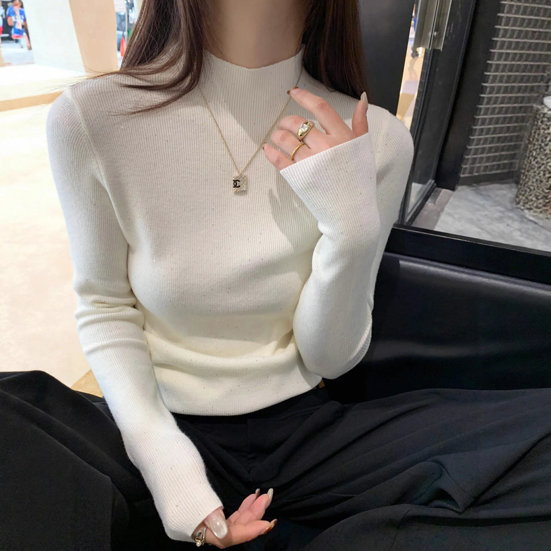 Chemise tricotée à col mi-haut marron Caramel, vêtements d'intérieur pour femmes, nouveau Style, pull au toucher Premium, début d'automne 2025