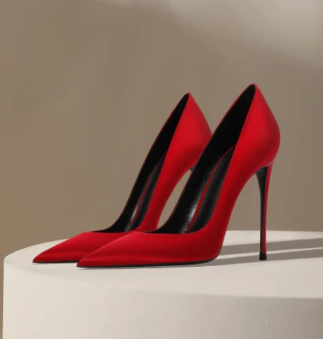 Multi Colored Satin High Heels for Women Slim Heels, Sexy, Light Mouthed Red, Paired with Formal Dress Temperament, Single Shoes