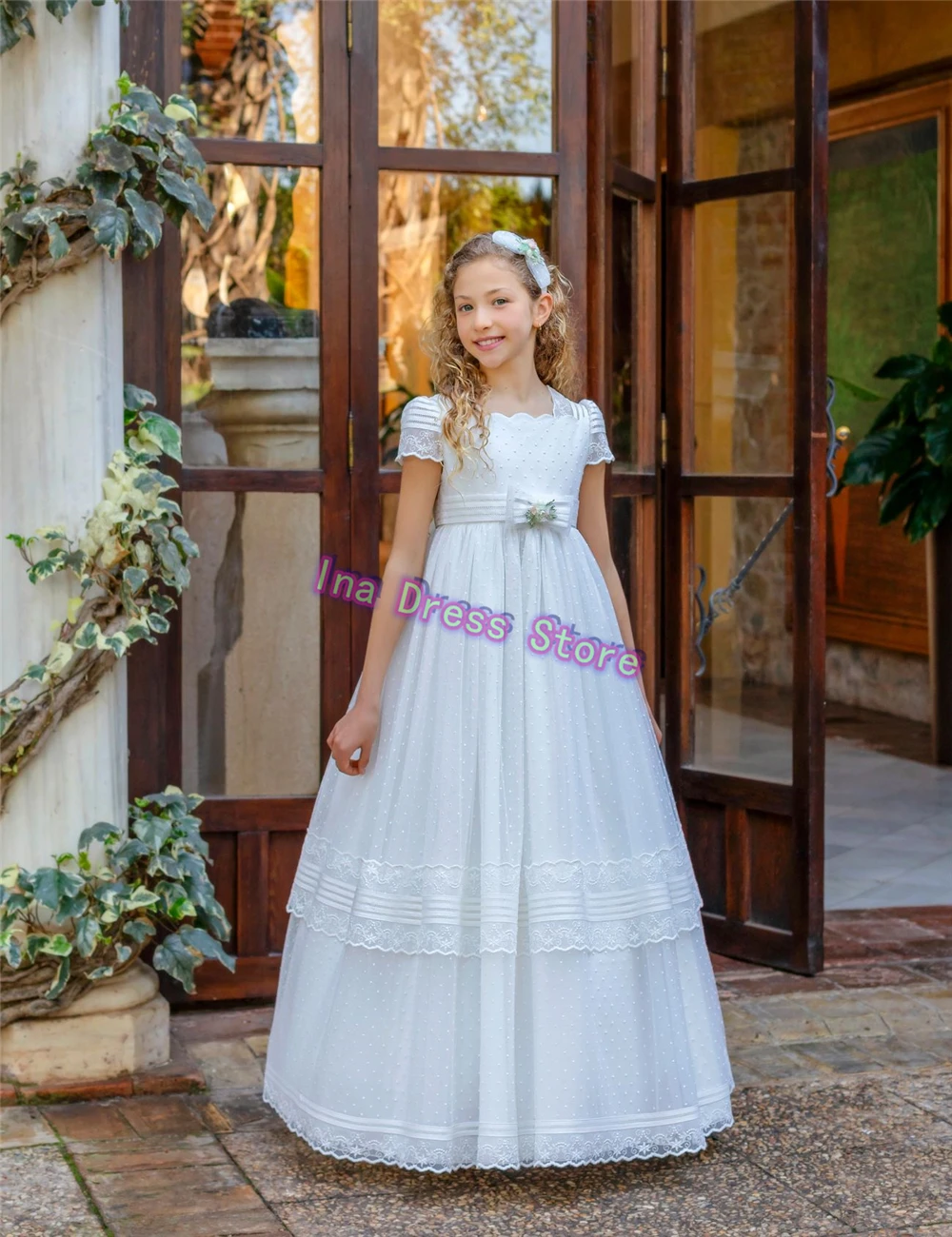 Elegant A-line First Communion Gowns Wedding Dresses Customised White Flower Girls Dress Bow Tulle Kids Birthday Party Gown