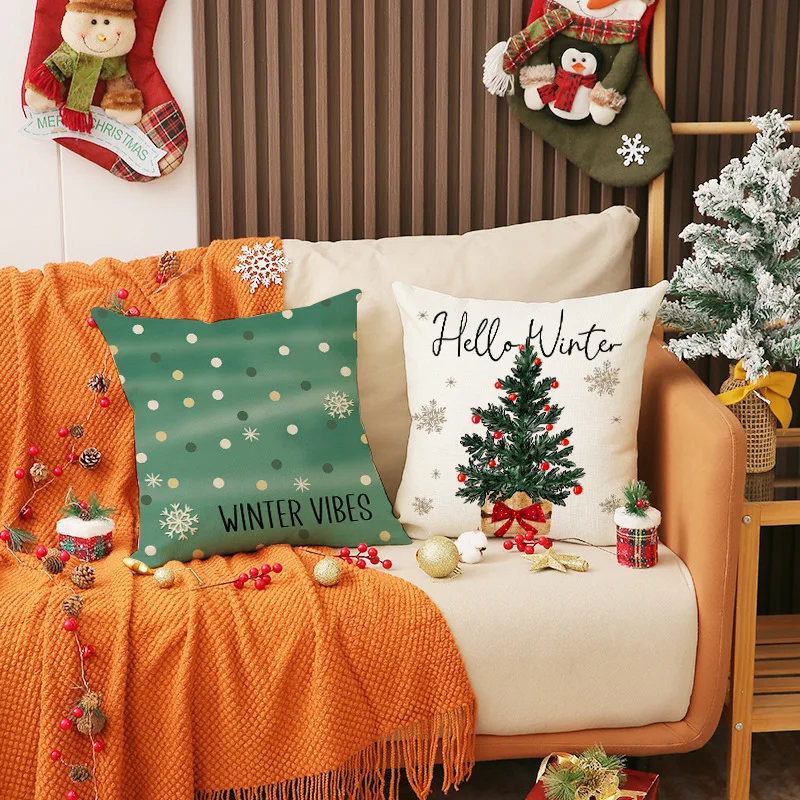 Merry Christmas Tree Hello Winter Green Throw Pillow Covers,45x45cm Set Of 4,Holiday Cushion Case Decoration for Sofa Couch