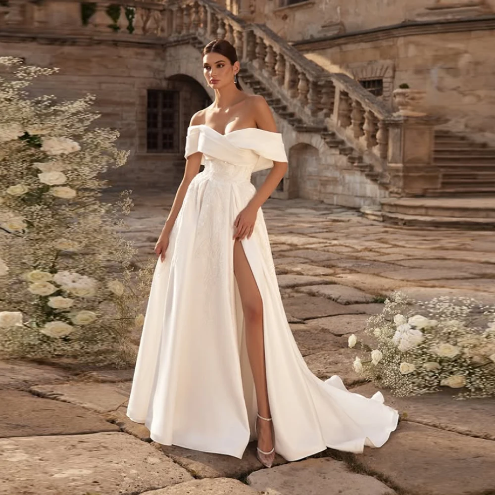 Off The Shoulder High Slit Women Wedding Dresses Sexy A-Line Bridal Gowns Mopping Length Banquet Vestidos De Novias Customized