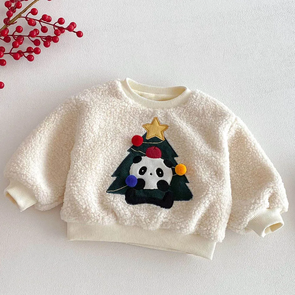الصبي البلوز المخملية رشاقته الشتاء الدافئ ملابس الأطفال لطيف الحيوان طباعة السنة الجديدة عيد الميلاد طفل فتاة طويلة الأكمام بلايز #3