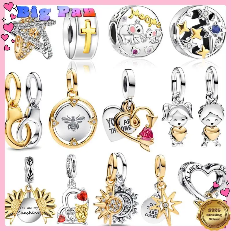 

New 925 Sterling Silver Two Tone Golden Sunflower Lucky Stars Charm Fit Bracelet & Necklace Sun Moon Diamond Charm Jewelry Diy