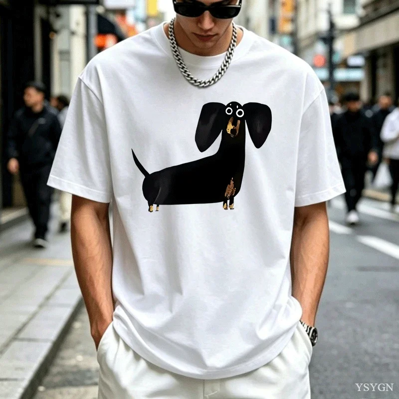 Funny Dachshund with Big Eyes Printed T-shirt Cotton Summer Short Sleeve Tshirt Men Women Round Neck Casual Soft Tees Clothing