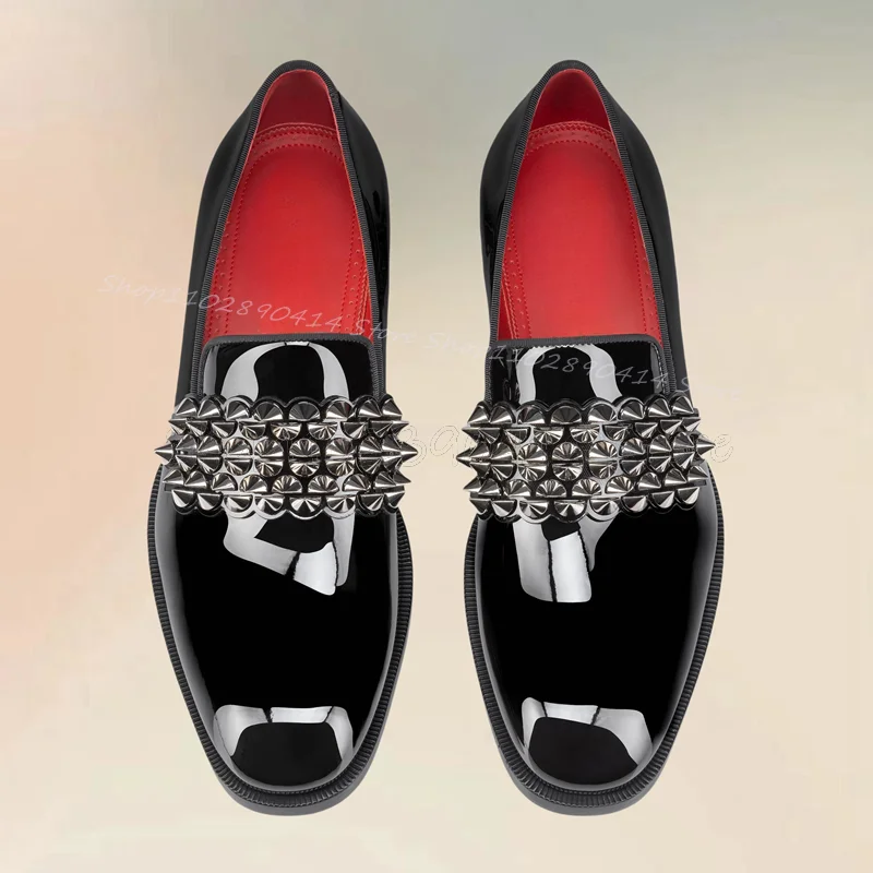 Silber Spikes Dekor Metall Ferse Schwarz Karree Loafers Fashion Slip Auf Männer Schuhe Luxus Handgemachte Party Bankett Männer Kleid Schuhe