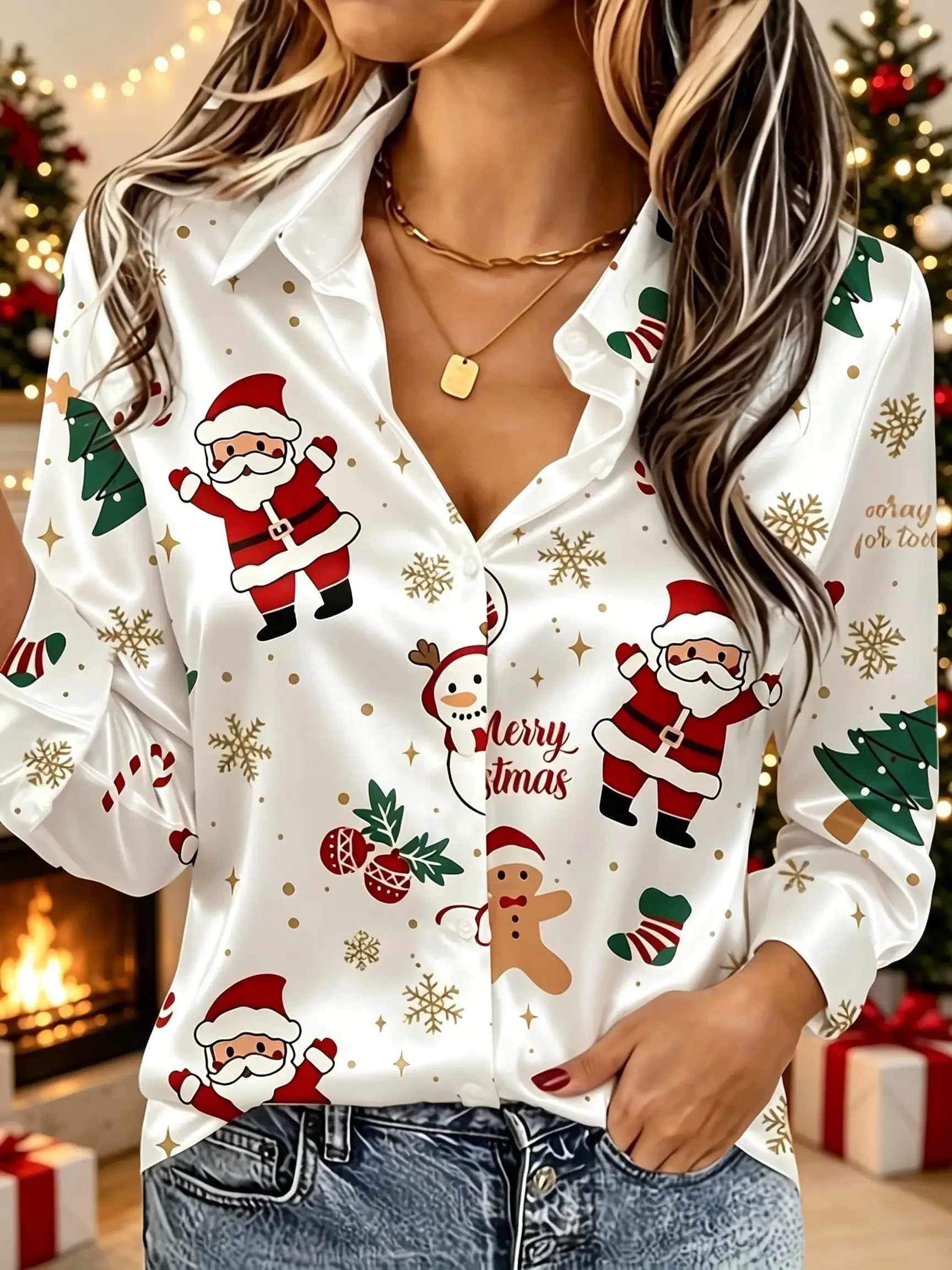 Women Lapel Long Sleeve Shirt Cute Christmas All Over Print Xmas Holiday Party Blouse Tops New Autumn Women Shirts Large Size