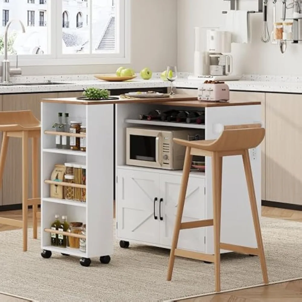 Kitchen Island with Storage and Power Outlet, Rolling Kitchen Island on Wheels with Extendable Dining Table, Kitchen Cart with