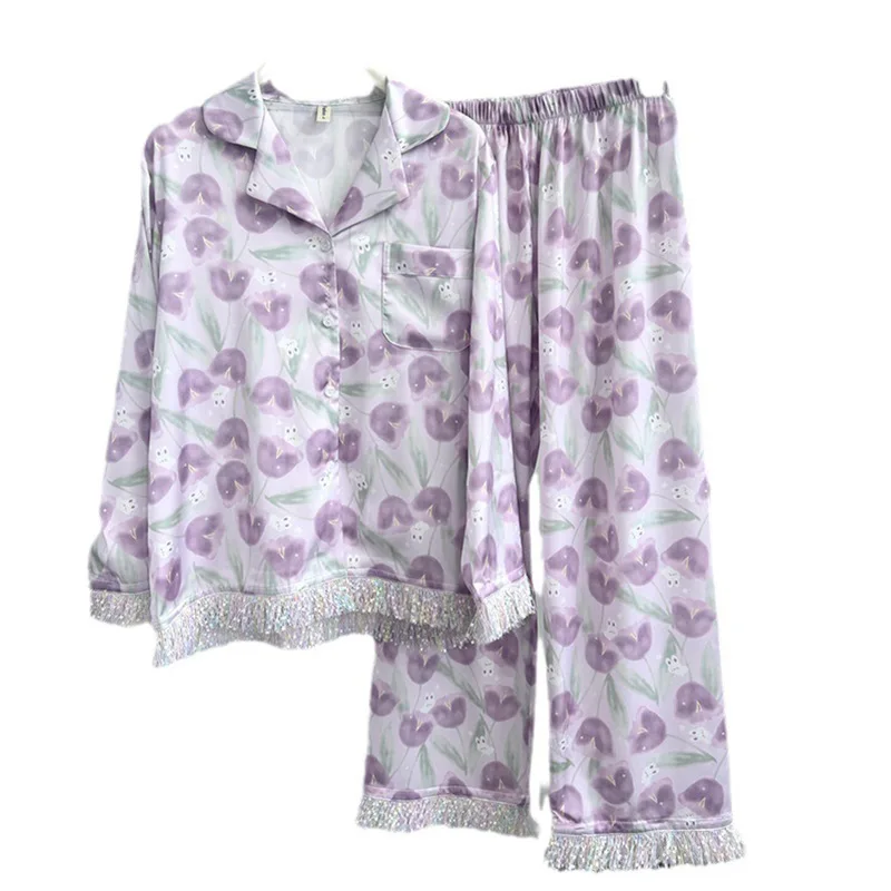 Dames Pijama Sets Lange Mouw Top Gebloemde Broek Zijden Huispak Herfst Losse Katoenen Casual Kwastje Koreaanse Pyjama Set