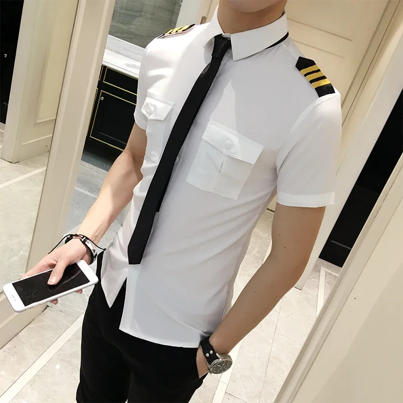 New Arrivals Mens Short Sleeve White Airline Pilot Uniforms Hair Stylist Fashion Slim Fit Black Workwear Big Size Male Clothing