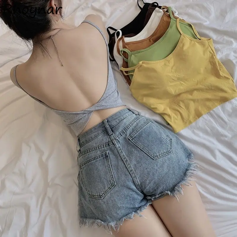 Charming Short Camis Women Korean Style Backless Tops Fashion Simple Solid Leisure Sexy Summer Streetwear Chic Female Slim Ins