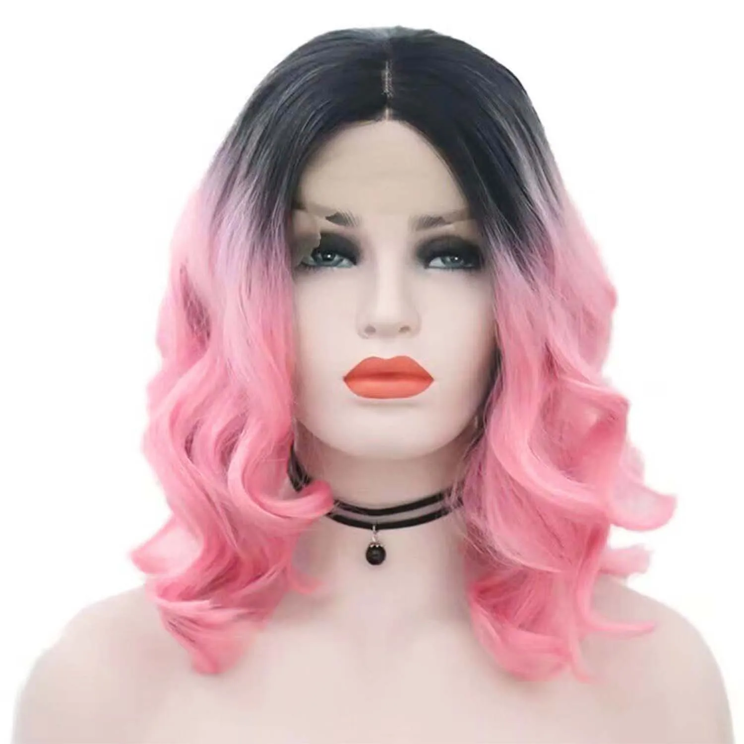 

FANXITION Synthetic Lace Front Wigs with Middle Part Ombre Color Black to Pink Short Body Wave Bob Wigs Cosplay or Daily Use