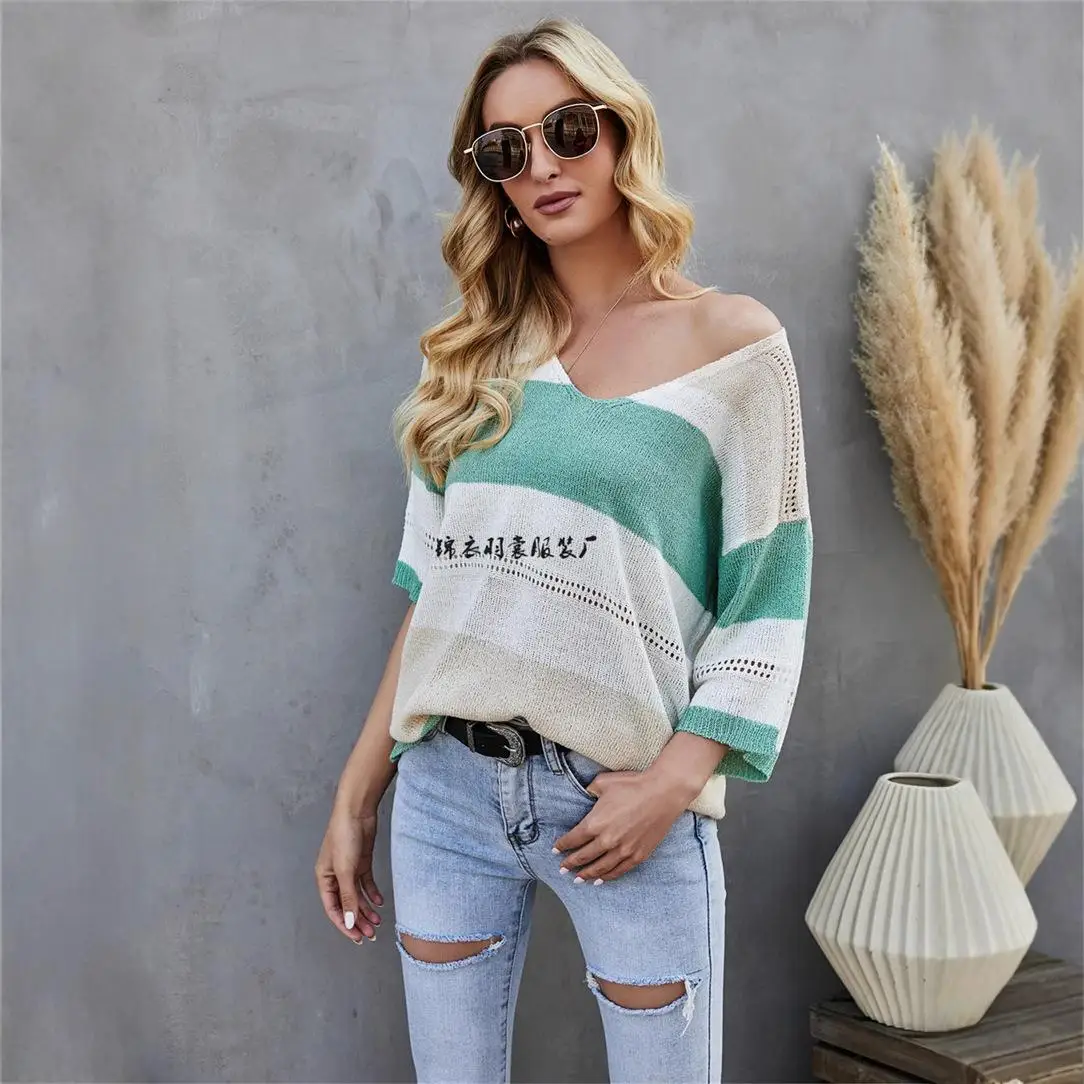 

Вязаный пуловер больших размеров с лоскутным узором, женская футболка с полосатым принтом, повседневная, удобная, в европейском стиле, для ношения под одеждой, топ