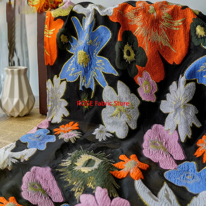 1 meter Large Flowers Bright Retro Yarn Dyed Jacquard Fabric Spring Summer Elegant French Style Women Dress Diy Sewing Fabric