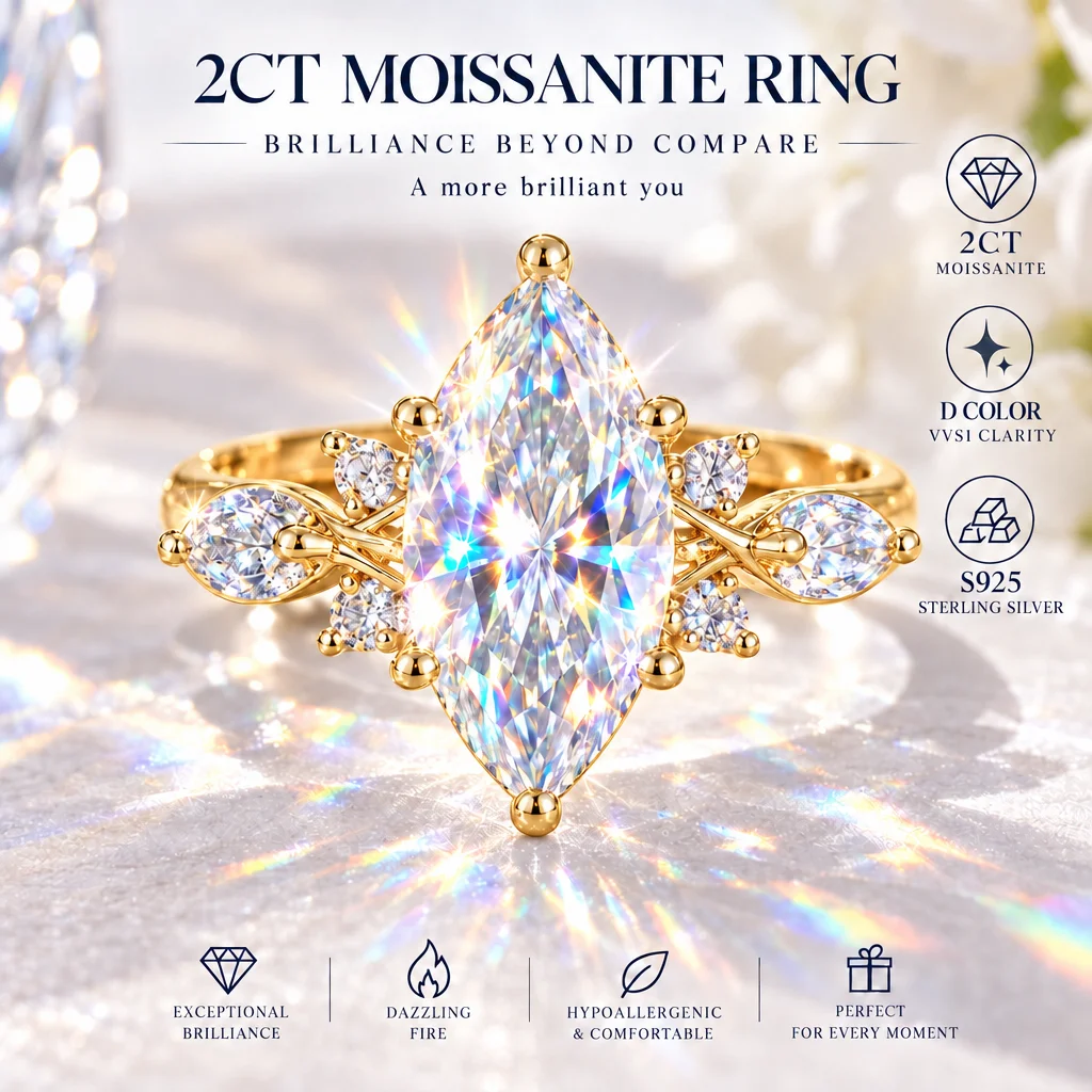 2CT Marquise Cut Ring D Moissanite Rings S925 Sterling Silver Adjustable Size for Women Pass Diamond Tester With GRA Certificate