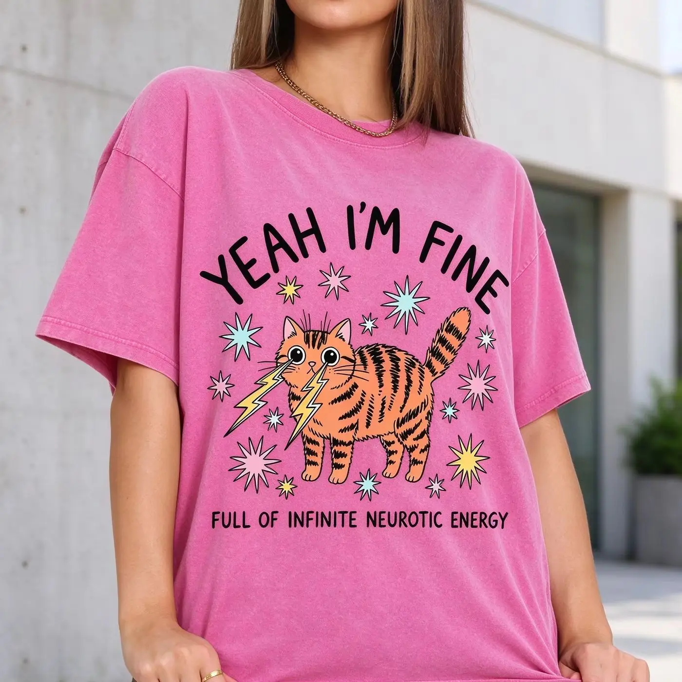 Women Yeah I'm Fine Funny Tiger Cat Lightning Star Graphic Washed T Shirt Vintage Crew Neck Short Sleeve Tee Casual Tops