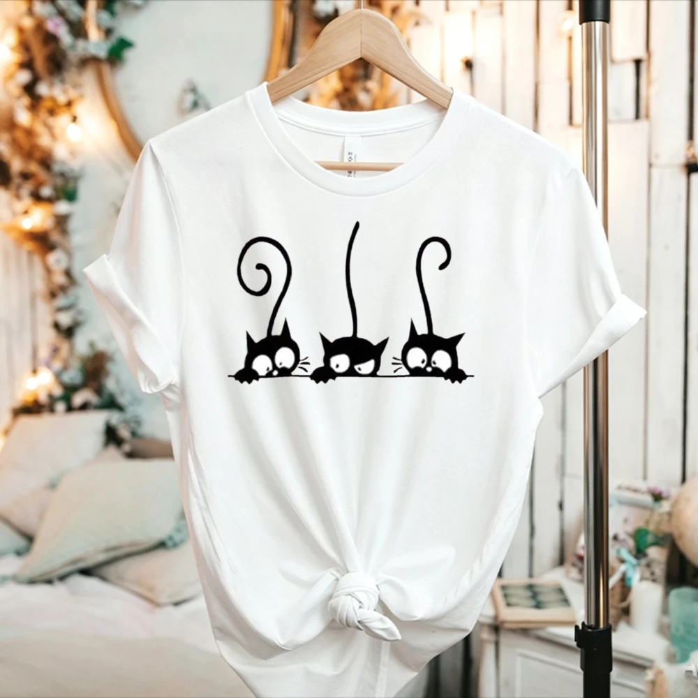 Three Peeking Black Cats Cartoon Graphic T-Shirt Cute Curious Kitten Print Unisex Cat Lover Pet Owner Soft Cotton Fashion Tees