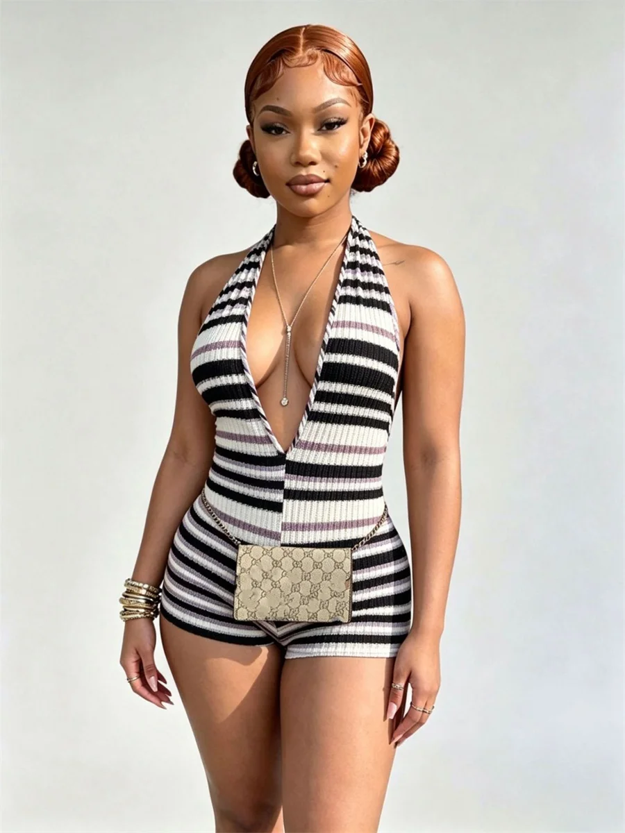 

Sisterlinda Women Trend Stripes Backless Romper Sexy Halter Sleeveless Stretch Skinny Wild Midnight Street Club Party Playsuit