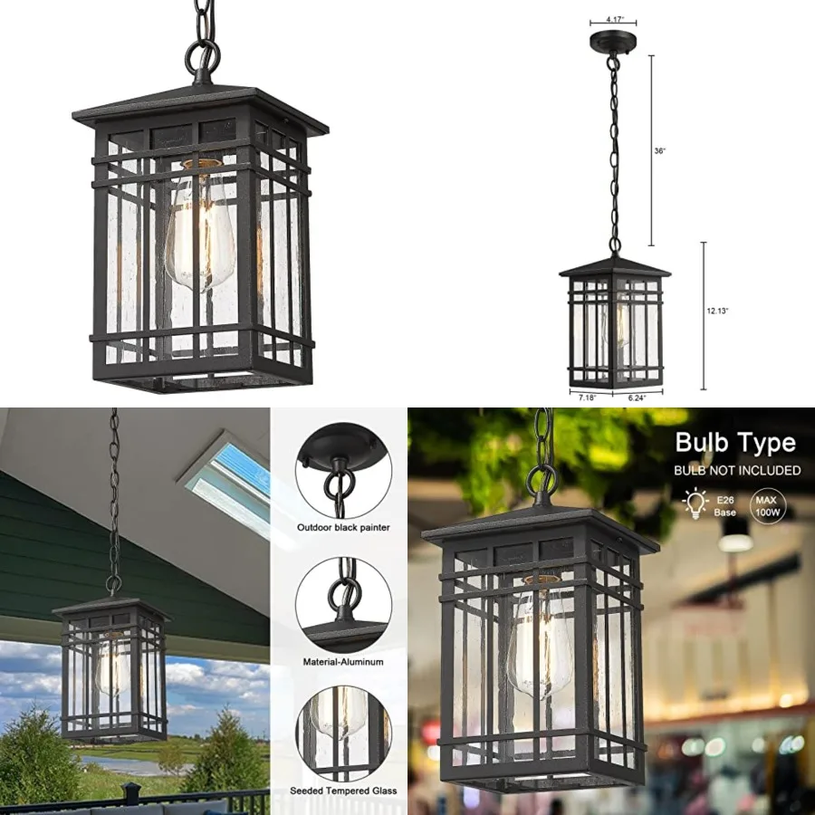 

Outdoor Pendant Lighting, Exterior Pendant Lantern, Farmhouse Porch Hanging Lantern Lights with Seeded Glass in Black Finish, O