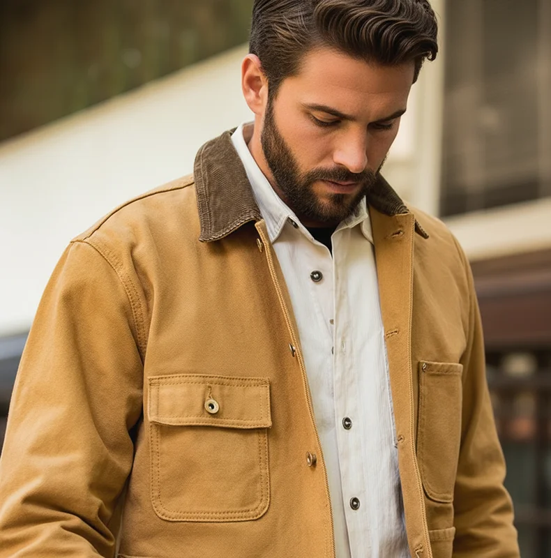 Maden Vintage Heavyweight Michigan Chore Jackets Multi-Pocket Canvas Hunting Coat for Men's Spring Loose Lapel Collar Outwear