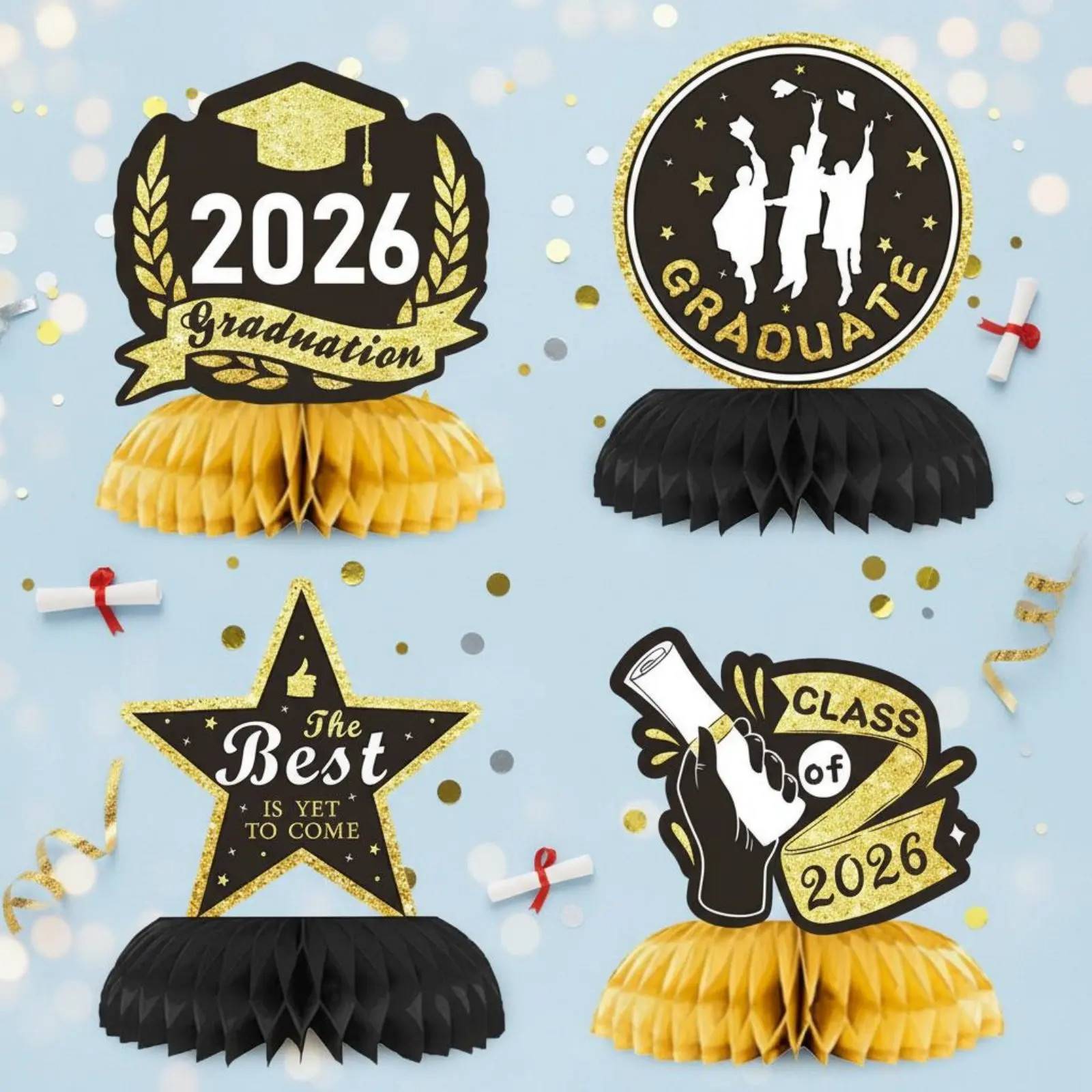 Picture 3: 4 Pieces 2026 Commencement Table Topper Glitter Decorations Commencement Hexagonal Centerpiece for Students, School Event