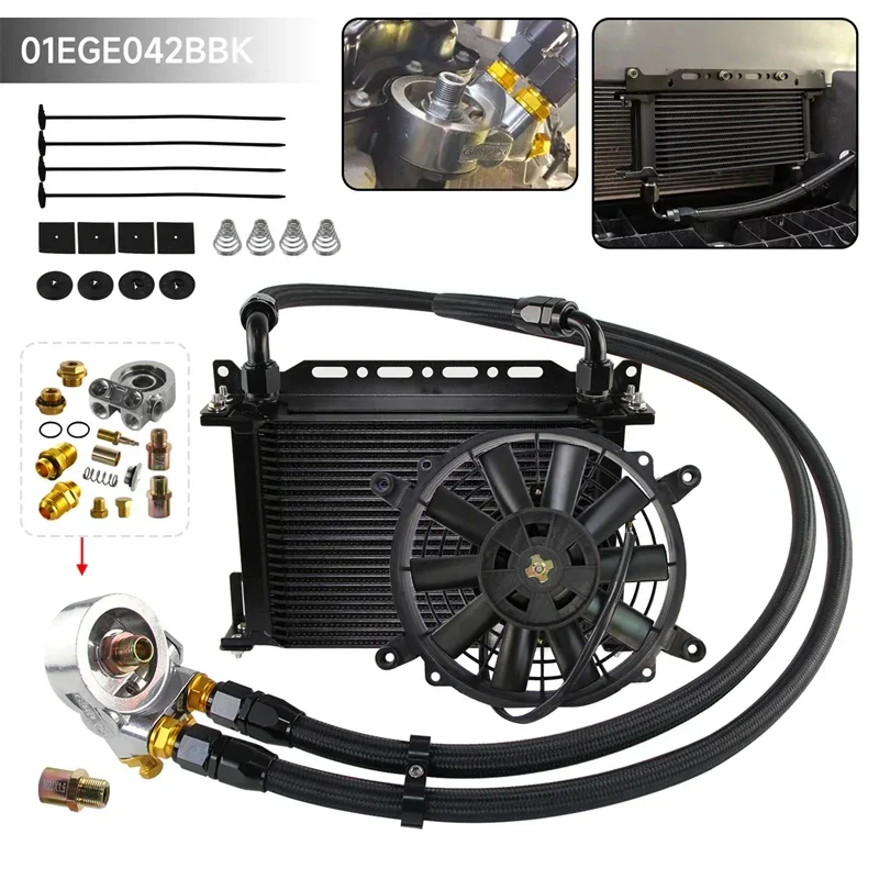 Universal 25 Row Engine Oil Cooler Mount Kit with Thermostatic Oil Filter Adapter & 12V Electric Fan