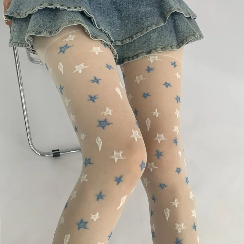 Women Design Stars Print Pantyhose Romantic White Blue Five Pointed Star Jacquard Stockings Dopamine Sweet Cool Girl Sexy Tights
