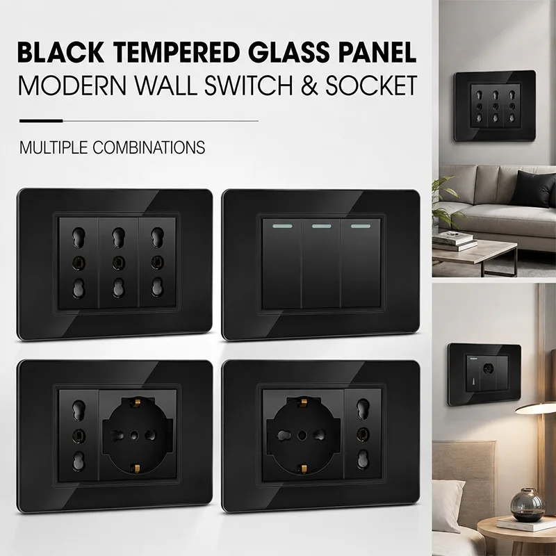 118x75mm Black Tempered Glass Wall Switch Socket Panel Italy Schuko USB C CAT5 CAT6 TV Telephone Modular Outlet for Home Office